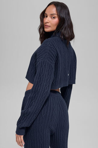 Alo Yoga Cable Knit Cropped Winter Bliss Turtleneck Long Sleeve - Navy in Saudi Arabia