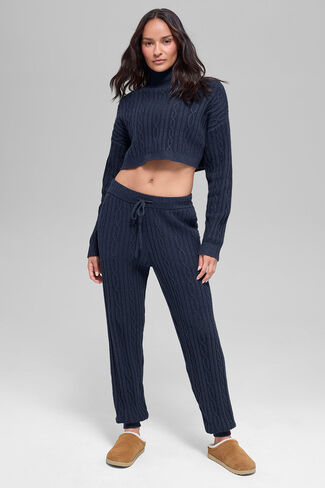 Alo Yoga Cable Knit Cropped Winter Bliss Turtleneck Long Sleeve - Navy in Saudi Arabia