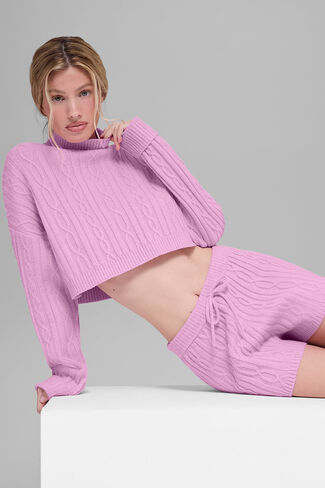 Alo Yoga Cable Knit Cropped Winter Bliss Turtleneck Long Sleeve - Candy Heart Pink in Saudi Arabia