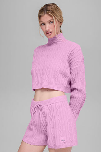 Alo Yoga Cable Knit Cropped Winter Bliss Turtleneck Long Sleeve - Candy Heart Pink in Saudi Arabia