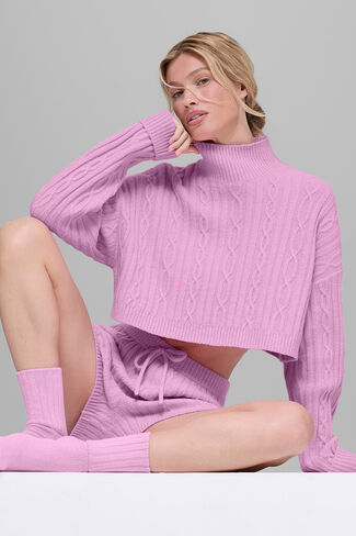 Alo Yoga Cable Knit Cropped Winter Bliss Turtleneck Long Sleeve - Candy Heart Pink in Saudi Arabia