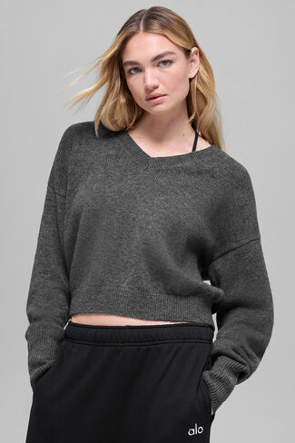 Alo Yoga Wool Cashmere Cropped New Class V-Neck Sweater - Platinum Grey in Kuwait