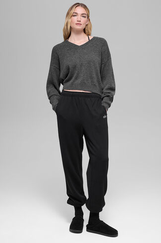 Alo Yoga Wool Cashmere Cropped New Class V-Neck Sweater - Platinum Grey in Kuwait