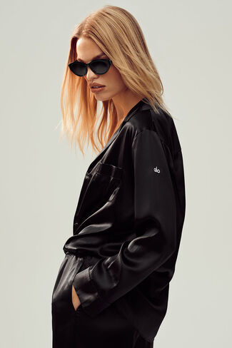 Alo Yoga Silk Luminous Button Up - Black in Kuwait