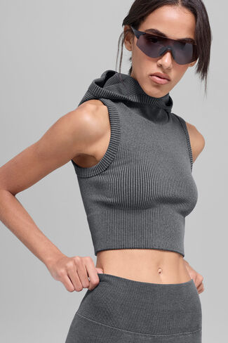 Alo Yoga Seamless Two Tone Rib Hooded Vest - Dark Misty Grey Heather in Saudi Arabia