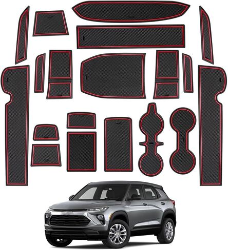 حصائر فتحة الباب لملحقات 2021-2026 Chevy Trailblazer (LS/LT/Activ/RS) - 19 قطعة حامل أكواب مضاد للانزلاق وبطانات وحدة التحكم المركزية وسجادات جيب الباب (زخرفة حمراء) in Kuwait