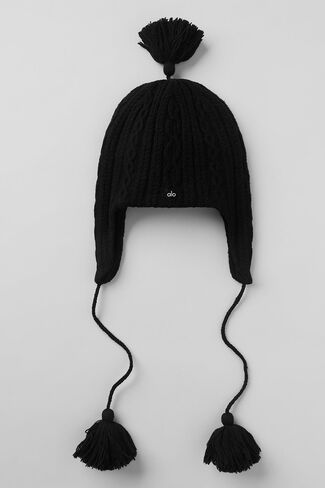 قبعة Alo Yoga Cable Knit Winter Bliss Earflap - أسود - أسود / مقاس واحد in Kuwait