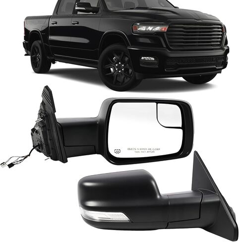 مجموعة مرآة جانبية للسائق الأيسر متوافقة مع Ram 1500 2019-2025 مرآة باب جانبية مع زجاج ساخن ومكفوفين وضوء إشارة الانعطاف وضوء بركة أسود غير لامع (يسار 14 دبابيس) in Kuwait