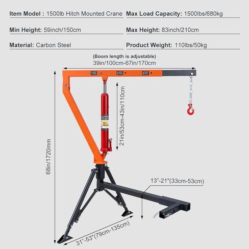 Rugcel 1000 lb Stretchable Receiver Hitch Mounted Hydraulic Swivel Pickup Truck Crane, with Three Boom Capacities of 500 lb, 750 lb and 1000 lb, is Used for Lifting Cargo in Industry, Construction in Saudi Arabia