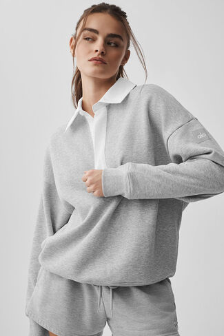 بلوفر Alo Yoga Take It Easy بأكمام طويلة من Henley - رمادي منقط رياضي/أبيض in Kuwait