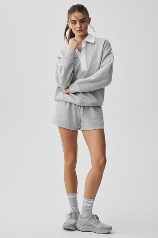 بلوفر Alo Yoga Take It Easy بأكمام طويلة من Henley - رمادي منقط رياضي/أبيض in Kuwait