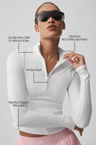 Alo Yoga ALO Softculpt Precision 1/4 سحاب كم طويل - أبيض in Kuwait