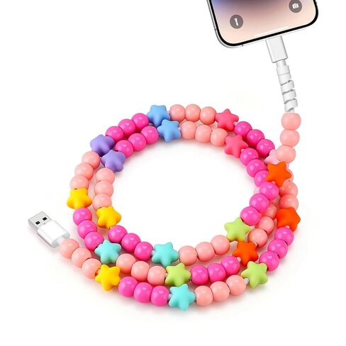 USB Cable for iPhone Beaded Phone Charger Cord 66W Fast Charging USB A to iOS Cable 3.3FT Stylish Durable Beaded Charging Cord Women Girls for iPhone 14 13 12 12 11 XR iPad Airpods Car Charger, Pink in Kuwait
