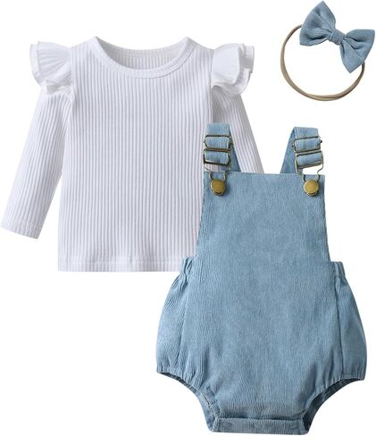Infant Baby Girl Clothes Solid Ribbed Ruffle Sleeve Top and Overall Shorts with Headband Newborn Outfits Set in Saudi Arabia