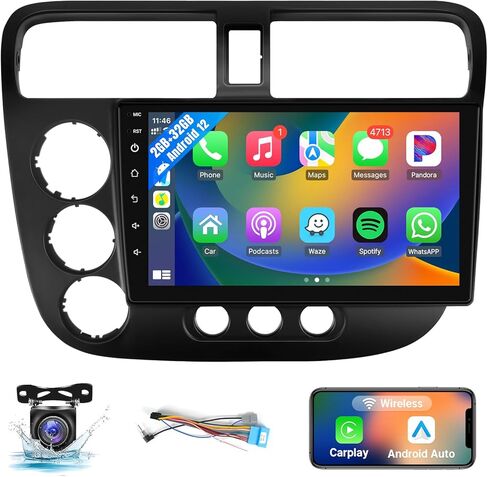 راديو ستيريو للسيارة من Leadfan لسيارة Honda Civic 2001 2002 2003 2004 2005 مع Carplay اللاسلكي Android Auto، 2+32G 9 بوصة شاشة تعمل باللمس بلوتوث/WiFi/GPS ملاحة/MirrorLink/SWC/USB/كاميرا احتياطية in Kuwait