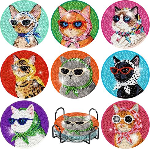 8 Pcs Dog Diamond Painting Coasters Kits with Holder,Dog Wearing Glasses Diamond Art Coasters with Wooden Pad,DIY Round Drill Rhinestone Painting Art Kit Craft for Adults Supplies Gift 4X4 Inch. in Saudi Arabia