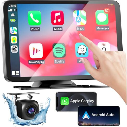 شاشة Apple Carplay لاسلكية للسيارة، شاشة لمس ستيريو محمولة عالية الدقة 5.6 بوصة مع Apple CarPlay وAndroid Auto مع كاميرا احتياطية/وصلة مرآة/Siri/Bluetooth/التحكم الصوتي/الملاحة/AUX لجميع السيارات in Kuwait