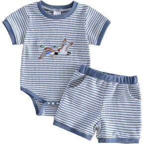 Newborn Baby Boy Summer Clothes Mamas Boy Mallard Duck Short Sleeve Romper Bodysuit Shorts Set Infant Waffle Outfit in Saudi Arabia