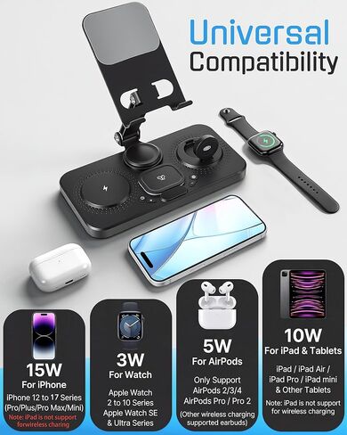 قاعدة شحن لاسلكية 6 في 1 لمنتجات Apple مع ساعة، 7 ألوان RGB وقابلة للطي، حامل شحن لاسلكي متعدد الأجهزة بقدرة 30 وات لحامل iPad، وiPhone17، وAirPods، وApple Watch in Kuwait