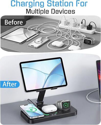 قاعدة شحن لاسلكية 6 في 1 لمنتجات Apple مع ساعة، 7 ألوان RGB وقابلة للطي، حامل شحن لاسلكي متعدد الأجهزة بقدرة 30 وات لحامل iPad، وiPhone17، وAirPods، وApple Watch in Kuwait
