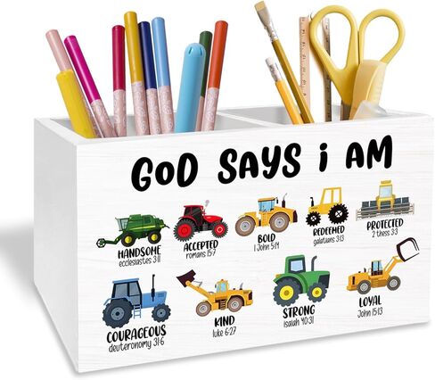 Christian Dinosaur Nursery Pen Holder for Desk, God Says I Am Bible Verse Pencil Organizer, Dinosaur Lover Gifts Wooden Box Sign Desk Decor for Kids Boys Room Playroom Decoration in Saudi Arabia