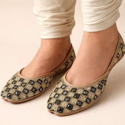 Punjabi Jutti Flats for Women,Black Bohemian Genuine Soft Flat Jooti,Handmade Indian Ethnic Traditional Jooti in Saudi Arabia