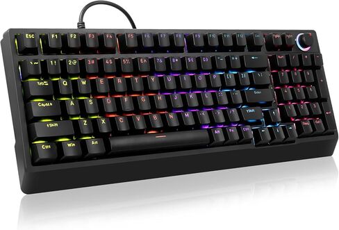 HUO JI Mechanical Gaming Keyboard Wired, 17 LED Backlit Modes, Liner Red Switch, Volume Knob, Anti-Ghosting, Double-Shot Shine Through Keycaps, 96% Light Up Keyboard for PC Mac in Saudi Arabia