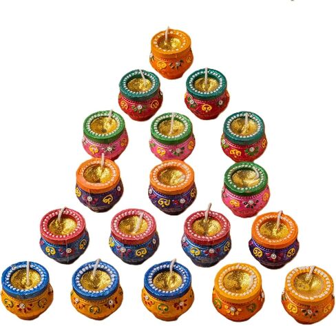 (Pack of 18) Matki Diyas for Decoration, Wax Filled Clay Diyas for Pooja, Diwali Decorations for Home, Indian Pooja Decor for Mandir, Diwali Gifts, Earthen Lamp for Navratri Dussehra, Party Favors in Saudi Arabia