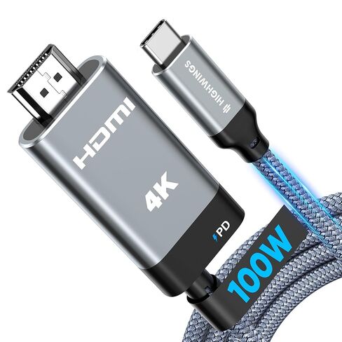 Highwings USB C to HDMI Cable with PD Charging Adapter 6FT/2M, 100W Fast Charging Type C to HDMI 4K@60Hz Braided Cord Thunderbolt 5/4/3 Compatible with iPhone 17 16 15, iPad, SteamDeck, XPS and More in Kuwait