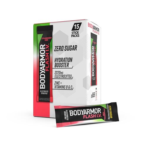 Bodyarmor Flash IV electrolyte حزم ، الفراولة Kiwi - مزيج مشروب السكر الصفر ، حزم خدمة واحدة ، مسحوق ماء جوز الهند (15 عدد) in Kuwait