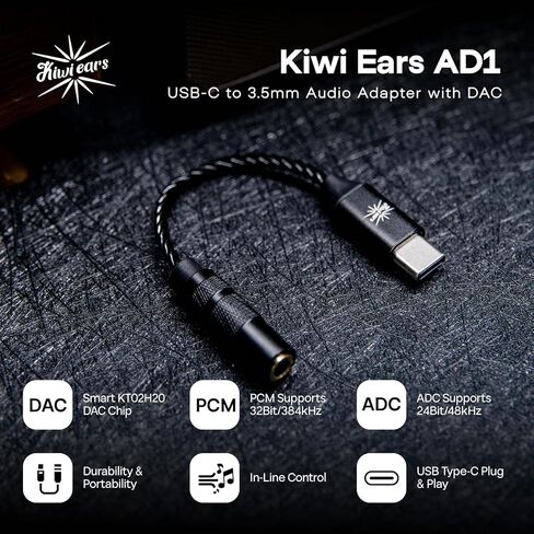 كابل محول Kiwi Ears AD1 Type-C إلى 3.5 مم DAC: صوت 32 بت/384 كيلو هرتز مع شريحة KT02H20، مخرج CTIA 3.5 مم للهواتف الذكية iOS/Android/Windows والأجهزة اللوحية وأجهزة الكمبيوتر المحمولة in Kuwait