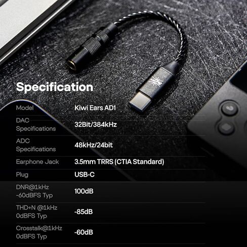 كابل محول Kiwi Ears AD1 Type-C إلى 3.5 مم DAC: صوت 32 بت/384 كيلو هرتز مع شريحة KT02H20، مخرج CTIA 3.5 مم للهواتف الذكية iOS/Android/Windows والأجهزة اللوحية وأجهزة الكمبيوتر المحمولة in Kuwait