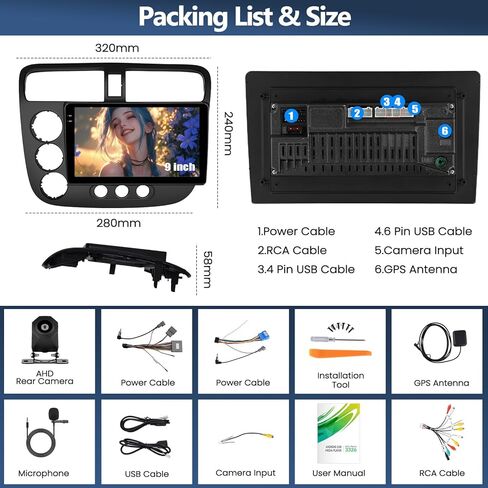 2G+32G Car Stereo for Honda Civic Radio 2001 2002 2003 2004 2005 with Wireless CarPlay Android Auto MirrorLink Android 13 Radio 9" Touch Screen Head Unit with GPS Navigation Bluetooth FM Backup Camera in Saudi Arabia