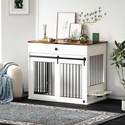 Large Dog Crate Furniture with Storage Drawer Sliding Door, Wooden Indoor Kennel for Medium/Large Dog, Pet House with Side Table & Drawer, Secure Lock, Rotating Bowls, Modern Home Decor, Grey in Saudi Arabia