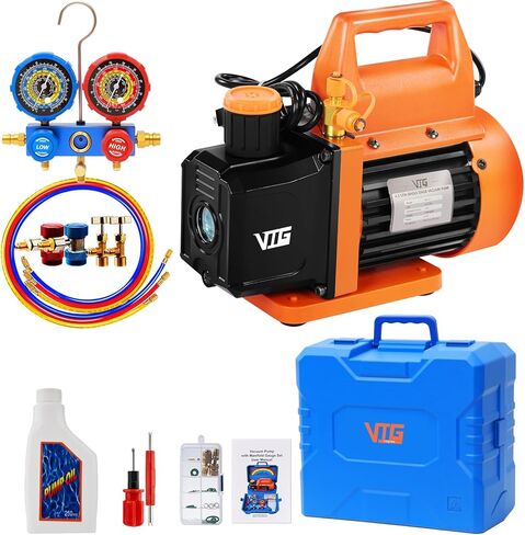 4.5 CFM AC Pump and Gauge Set ، for mini split و hvac و auto systems و mendold scauge kit المتوافقة مع R22 و R32 و R134A و R410A ، وتشمل 3 خراطيم ، R134A يمكن النقر ، على ترقية حالة تخزين ثلاثية ترقية. in Kuwait