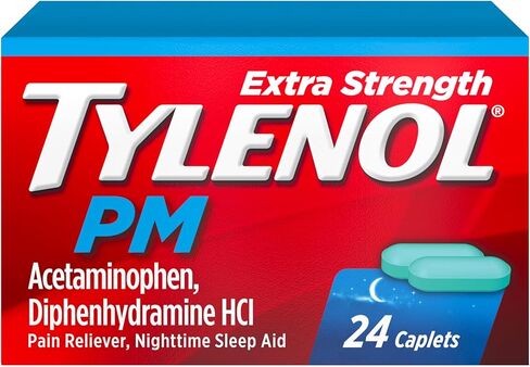 Tylenol PM Extra Strength Nighttime Pain Reliever & Sleep Aid Caplets, 500 mg Acetaminophen, 25 mg Diphenhydramine HCl, Fast-Acting, Non-Habit Forming, Pain Relief Medicine for Aches & Cramps, 100 Ct in Saudi Arabia