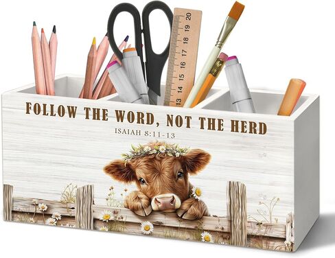Highland Cow Pen Holder Organizer لإكسسوارات المكتب ، سأحبك حتى تعود الأبقار إلى المنزل مزرعة الخشب. in Kuwait