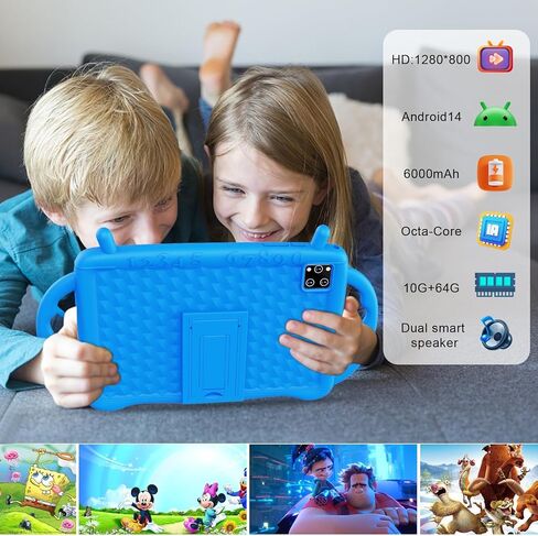 تابلت للأطفال مقاس 10 بوصات يعمل بنظام Android 14 مع غطاء بمقبض مقاوم للصدمات، ثماني النواة 10 جيجابايت + 64 جيجابايت، شاشة عالية الدقة 1280 × 800، أدوات تحكم أبوية، بطارية 6000 مللي أمبير في الساعة، واي فاي، BT 5.0، هدية للأولاد والبنات in Kuwait