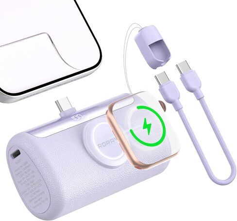 RORRY PalmGo Portable Charger, 10000mAh PD 22.5W Fast Charging Mini Power Bank with Built-in USB C Connector, 3-in-1 Battery Pack for iPhone 17/16/15 Pro/Max, Apple Watch Ultra/11/10/SE, iPad, Pink in Saudi Arabia