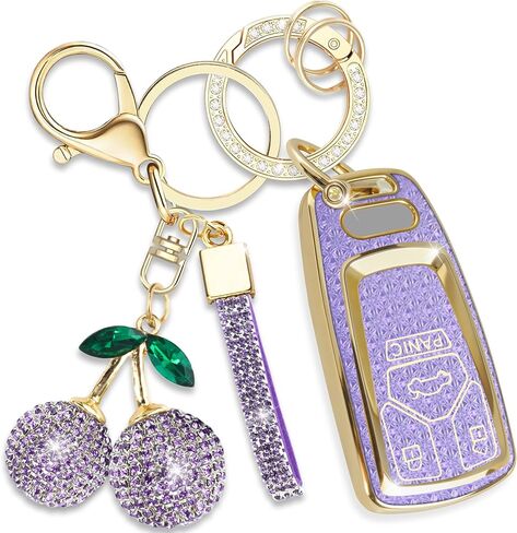 Sparkly Key Fob Cover with Cherry Keychain, Bling TPU Smart Key Case for Women, Compatible with Audi A4 S4 RS4 A5 S5 RS5 A6 A7 A8 S8 Q2 Q5 SQ5 Q7 SQ7 TT TTS TTRS R8 (4-Button, Gold White) in Kuwait