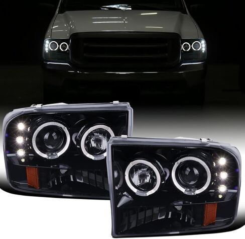 Ronnin - Fits 1999-2004 Ford F250 F350 F450 F550 Excursion US Spec Upgrade Replacement LED Dual Rims Projector Headlights Assembly Pair | Gloss Black in Saudi Arabia
