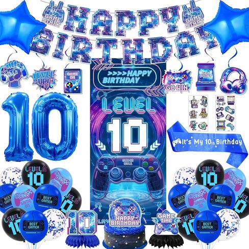 ديكورات عيد الميلاد العاشرة للأولاد ، مجموعة ألعاب الفيديو 10 ديكورات عيد ميلاد تشمل Banner Backdrop Sash Honeycomb Centerces Hanging Drovirls Cake Topper for Gamer Party Supplies in Kuwait
