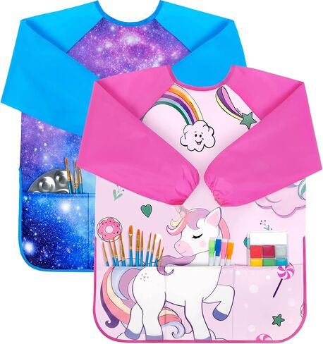 Bassion 2 Pack Kids Art Smock، مرايل رسم للأطفال الصغار ملونة مقاومة للماء للأطفال مع أكمام طويلة 3 جيوب واسعة لهدايا للأعمار من 2 إلى 8 سنوات (أزرق وردي أصفر) in Kuwait