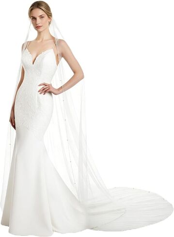 Wedding Veil Pearls Beaded Edge 1 Tier Soft Tulle Bridal Veil with Comb Four sizes in Saudi Arabia