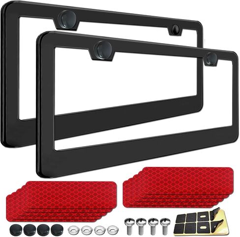 إطارات لوحة الترخيص الأسود ، 2 حزمة الألومنيوم الإطار علامة السيارة الألومنيوم المعدنية مع 10pcs ملصقات ومسامير عاكسة in Kuwait