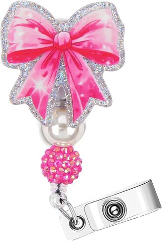 Yuboo Hot Pink Bow Badge Cenly مع حبات ، شارة جرلي لطيفة ، تمريض ، حامل شارة الهوية ، مقطع قابل للسحب ، بكرات شارة مدرس Glitter ، RN LPN CNA MA ممرضة إكسسوارات التقدير هدية in Kuwait