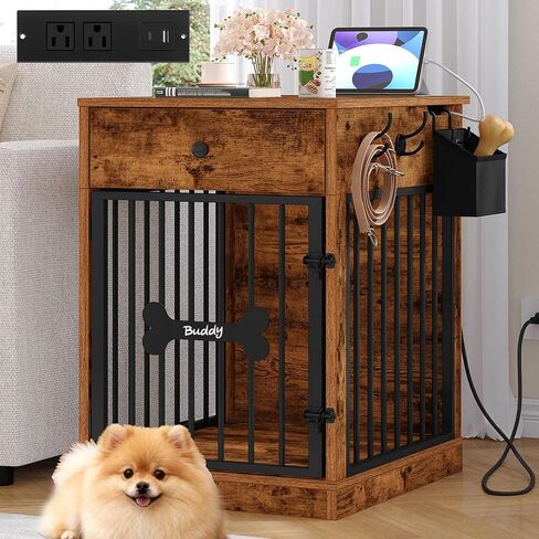 24'' Dog Crate Furniture with Charging Station, Dog Kennel Indoor with Flip-Top Storage, Wooden Pet Cage Dogs House End Side Table for Small Dogs Anti-Chew Anti-Escape, White Brown DFC90114B in Saudi Arabia