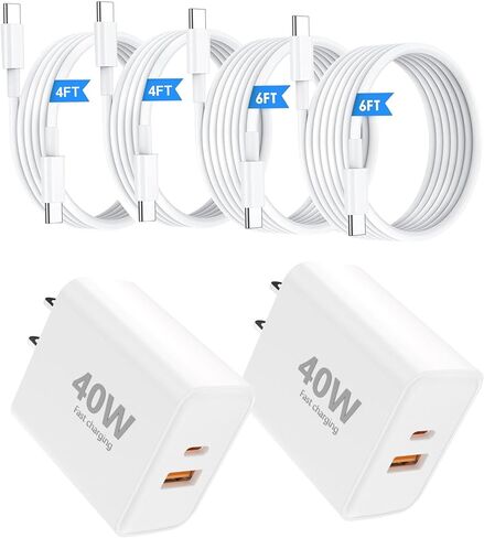 شاحن Super TypeC سريع الشحن مكون من قطعتين - 45 وات مزود بمنفذ USB-C مزدوج مع كابل شاحن 4FT/6FT/4FT/6FT من النوع C لهاتف Samsung Galaxy S25/S24/S23/S22/S21 in Kuwait