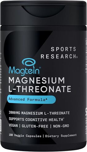 أبحاث الرياضة Magtein Magnesium L -Threonate كبسولات - مكملات المغنيسيوم للذاكرة والتركيز والإدراك - يدعم المغنيسيوم T threonate صحة الدماغ والنوم والمزاج - 2000 ملغ ، 90 كبسولة للبالغين in Saudi Arabia