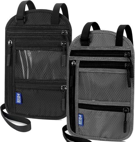2-Pack RFID Blocking Passport Holder for Travel – Hidden Neck Wallet with Phone Pocket, Lightweight Under-Clothing Pouch Fits 7-inch phone & 2 Passports, Anti-Theft Organizer (Black & Light Gray) in Saudi Arabia
